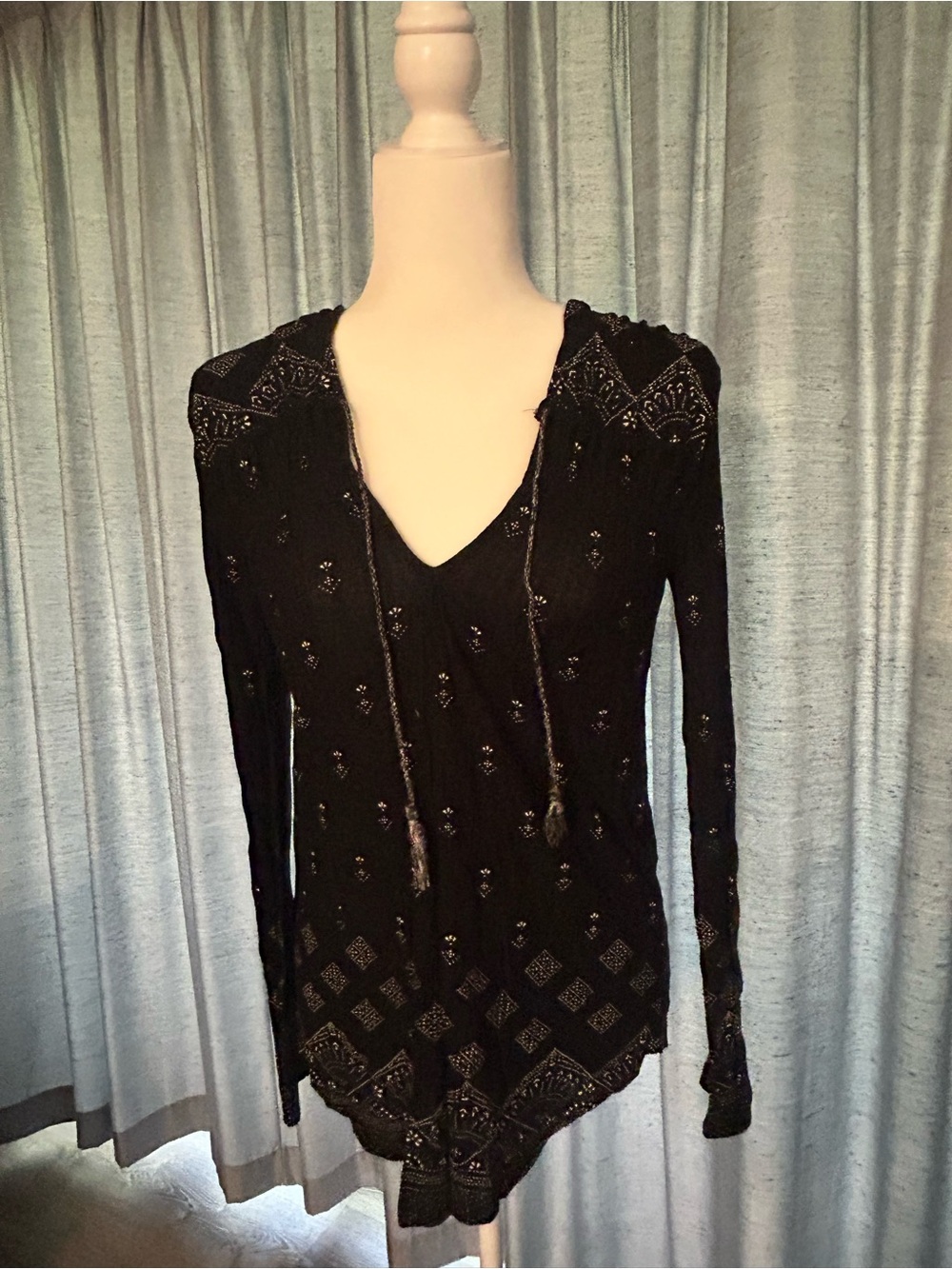 Boho Embellished Black V-Neck Top